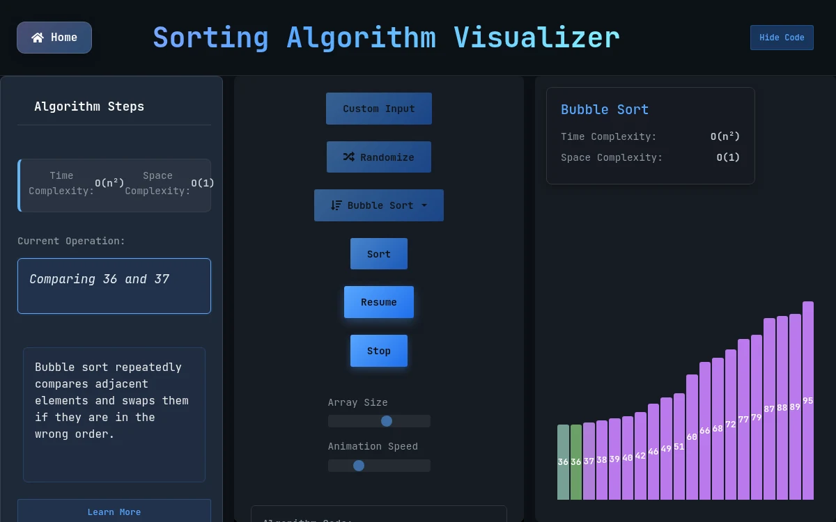 Algorithima's sorting visualizer showing algorithm steps, controls and an array of bars