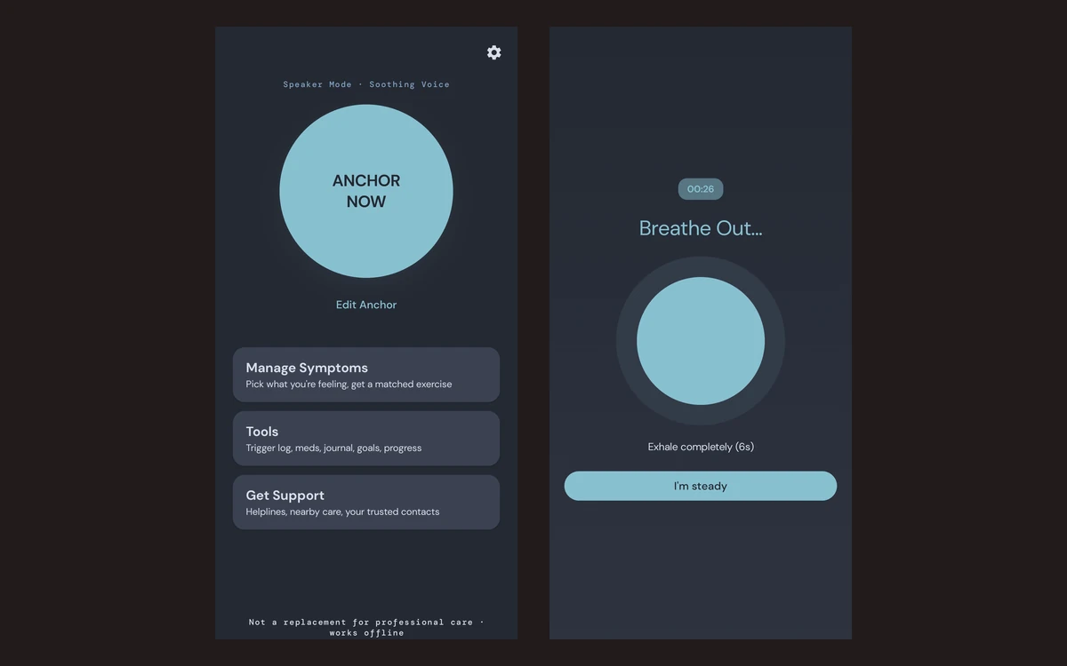 Actual Anchor Android prototype screens: the ANCHOR NOW home and paced-breathing session