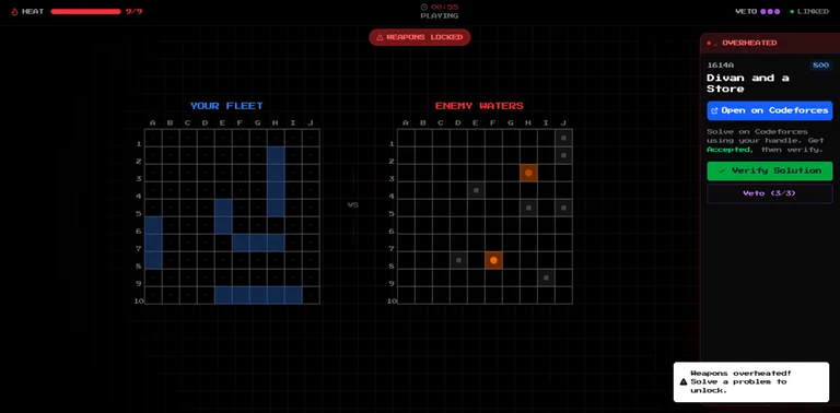 A BattleCP match with ships, a Codeforces problem panel and the game board