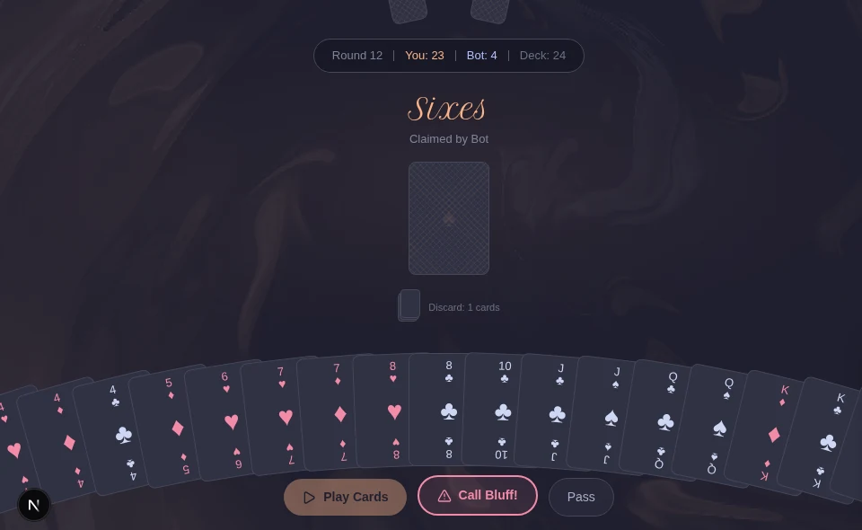 A Bluff game showing the current claim, the player's cards and bluff or pass controls