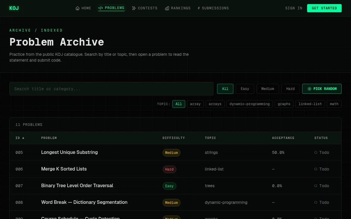 KOJ's public problem archive with search, topic filters and programming problems