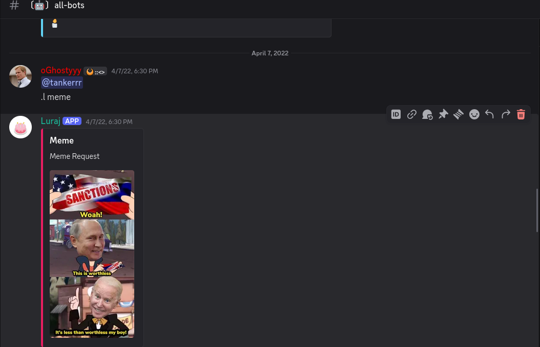 April 2022 Discord capture of LurajBot replying to a meme command