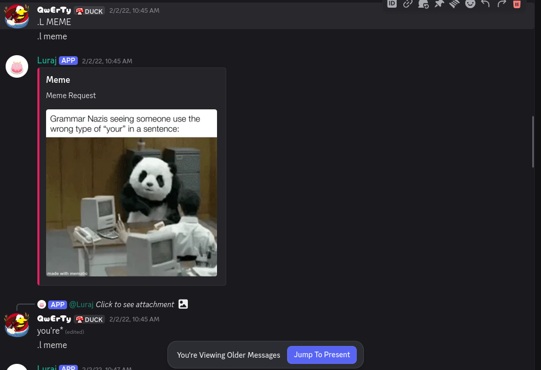 February 2022 Discord capture of LurajBot returning a meme in the server