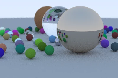 RayTray's rendered scene of diffuse, metal and glass spheres