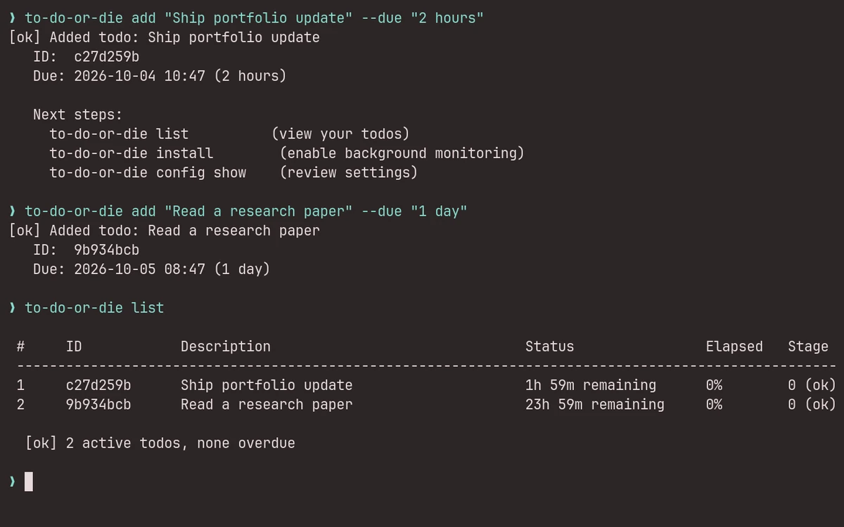 To-Do-or-Die running in a terminal, adding a deadline and listing tasks