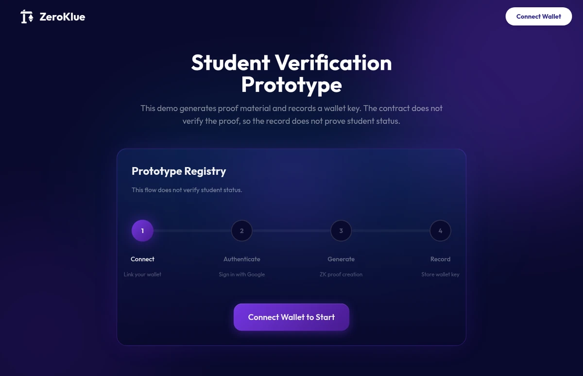 ZeroKlue's local prototype interface for student-status proof generation